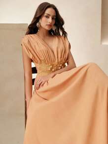 Anewsta 优雅腰部花卉装饰合身喇叭褶皱度假沙滩裙，节日波西米亚风女士外出度假服装，春夏季 - 橘色 - 查看 3