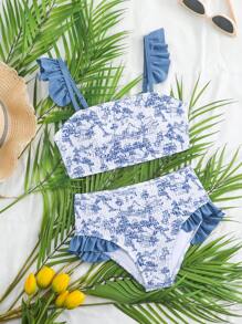 SHEIN Tween Girl Floral Print Ruffled Edge Bikini Swimsuit Set - Multicolor - View 1