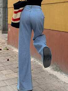 DAZY Women's Casual Washed Loose Wide Leg Jeans Y2k - Blue - View 2