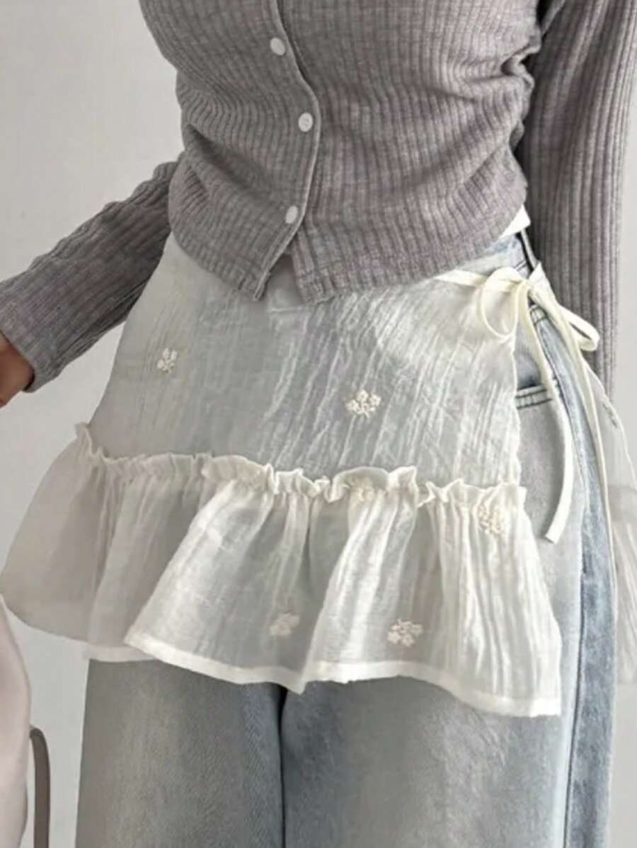 DAZY Ruffle Trim Tie Design Floral Embroidered Relaxed Fit Casual Skirt