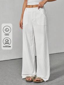 SHEIN PETITE Quần ống rộng lưng thấp màu trơn đơn giản - trắng - Xem 10