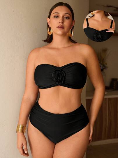 Swim Chiccia 3D花卉装饰加大码女式休闲度假泳衣套装，黑色