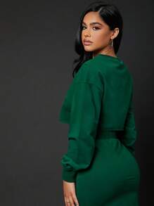 SHEIN SXY Casual Letter Embroidered Crop Sweatshirt In Fall/Winter - Green - View 2