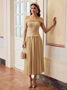 ZEYLAH Elegant Asymmetric Neck 2 In 1 Pleated Patchwork Dress - Apricot - View 6