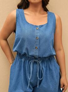Elaquor Plus Size Denim Jumpsuit With Adjustable Strap, Fashionable For Summer - Blue - View 3