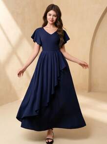 SHEIN V-Neck Ruffle Sleeve Cinched Waist Dress, Elegant Minimalist Wedding Guest Formal Gown