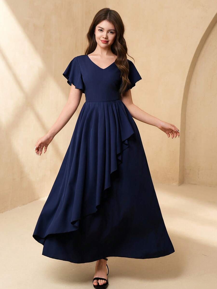 SHEIN V-Neck Ruffle Sleeve Cinched Waist Dress, Elegant Minimalist Wedding Guest Formal Gown