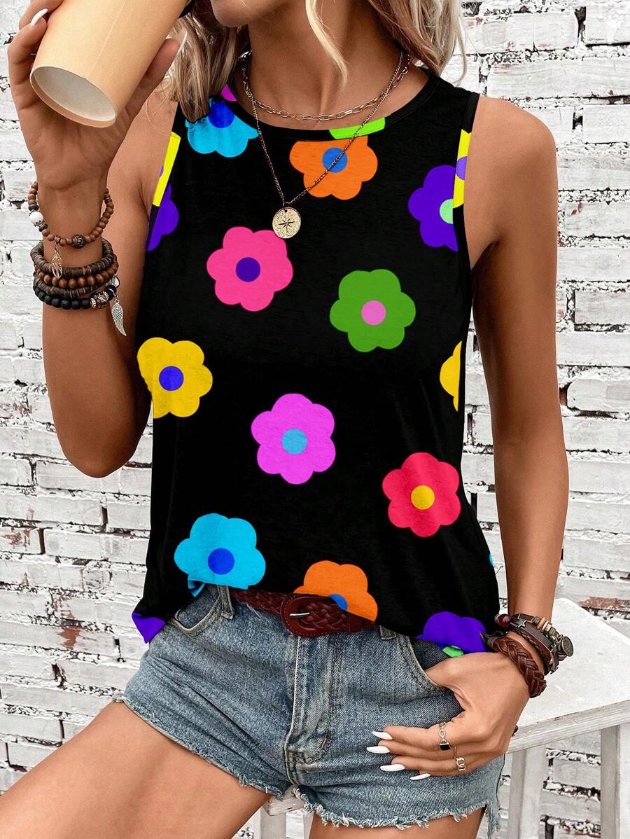 EMERY ROSE Women's Floral Print Casual Round Neck Sleeveless Tank Top, Versatile For Vacation Suitable For Going Out - Multicolor - View 1