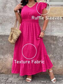 SHEIN LUNE 大码女式纯色 V 领短款盖袖休闲连衣裙 - 玫紅色 - 查看 5