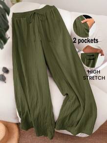 SHEIN CURVE+ Plus Size Summer Women Casual Beach Wear Fashion Office Lady Elegant Wide Leg Pants, Pocket Pants, Beach Holiday