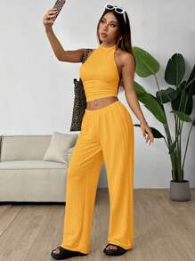 SHEIN EZwear 黄色针织女式褶饰休闲两件套 - 黃色 - 查看 6