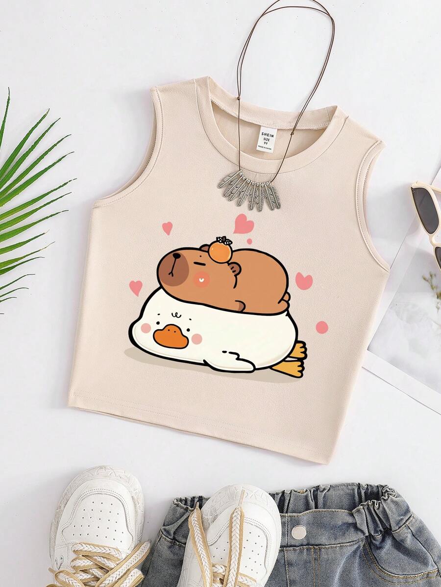 SHEIN Girls' Summer Cute Capybara & Duck Cartoon Print Round Neck Tank Top - Apricot - View 1