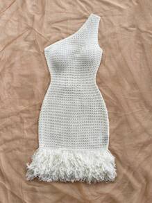 Soleia New Style Vacation Knitted Textured Tassel Design Mini Dress - White - View 3