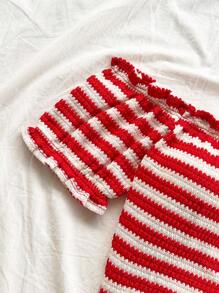 Soleia Bohemian,Boho, Romantic Floral,Vacation, Floral 4th Of July Tops Vacation Tops Crop Sexy Tops For Women Versatile Off Shoulder Ruffle Edge Elastic Striped Cropped T-Shirt, Short Sleeve, Suitable For Graduation Season, Puff Sleeve, Brunch, Boho Style, Easter, Summer, Music Festival, Airport, Vacation, Casual, Red And White Stripes, Beach, Tie/Strap, Ruffled, Old Money Style,Party - Red and White - View 7