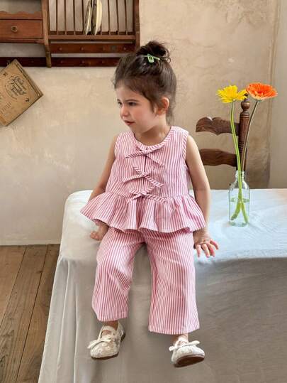 SHEIN LMoss Kids 女婴夏季可爱条纹蝴蝶结装饰上衣和松紧腰裤两件套