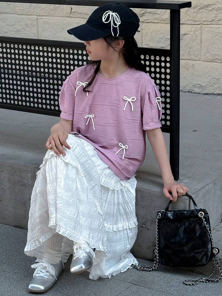 2pcs/Set Tween Girl Round Neck Knit Top With Bow Decor + Skirt Outfit, Fall Clothes,Back To School Clothes