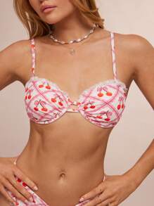 WESTFADE Summer Mixed Cherry & Bows Print Ruffle Lace Spaghetti Strap Cute Cut Out Front Adjustable Straps Underwire Balconette Bikini Bra Top Spring Beach Vacation - Pink - View 2