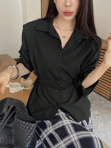 DAZY 女士束腰侧系带长袖衬衫 - 黑色 - 查看 7