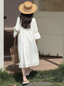 DAZY Tween Girls Solid Color Long Sleeve Crew Neck Casual Dress, Suitable For Summer,Back To School Clothes