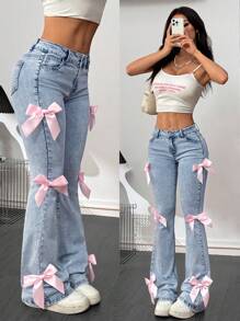 SHEIN PETITE Women's Blue Jeans Y2K Sweet Bow High Elastic Slim Flared Pants Summer
