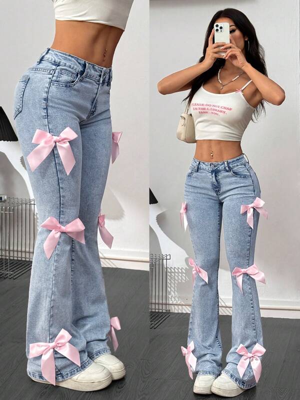 SHEIN PETITE 1 pereche de pantaloni evazați din denim elastic, lejer, cu fundă
