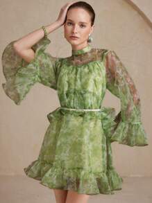 Aveloria Rosie Váy mini xếp nếp organza hoa cao cấp lãng mạn thanh lịch, váy dự tiệc dài tay cho quý cô ngày lễ tình nhân - màu xanh lá - Xem 4