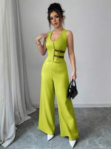 Elenzga Elegantes, einzigartiges Business Lässig Set für Damen mit ärmelloser Weste mit V-Ausschnitt, Lederknöpfen, Taillenbindung und geraden Hosen, Unifarben, geeignet für Dates, Büro