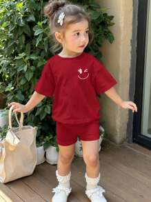 SHEIN Baby Girl Casual Simple Short Sleeve Shorts Set, Suitable For Summer - Burgundy - View 2