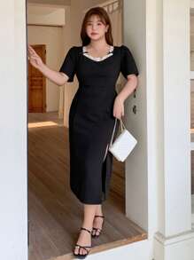 Dazy Plus Backless Sexy High Slit Black Dress - Black - View 3