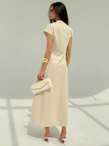 Aloruh New Minimalist Asymmetrical Neck Short Sleeve Ruched Decor High Waisted A-Line Midi Dress, Commuting Versatile,Graduation Dresses