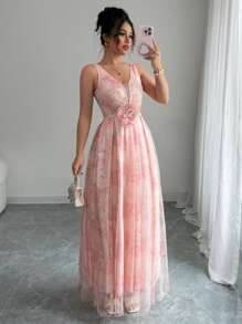 Elenzga Elegant Floral V-Neck Sleeveless Net Mesh Cinched Waist A-Line Dress, Graduation/Derby Racing/Cocktail Party Occasion, Spring, Romantic & Graceful - Multicolor - View 1