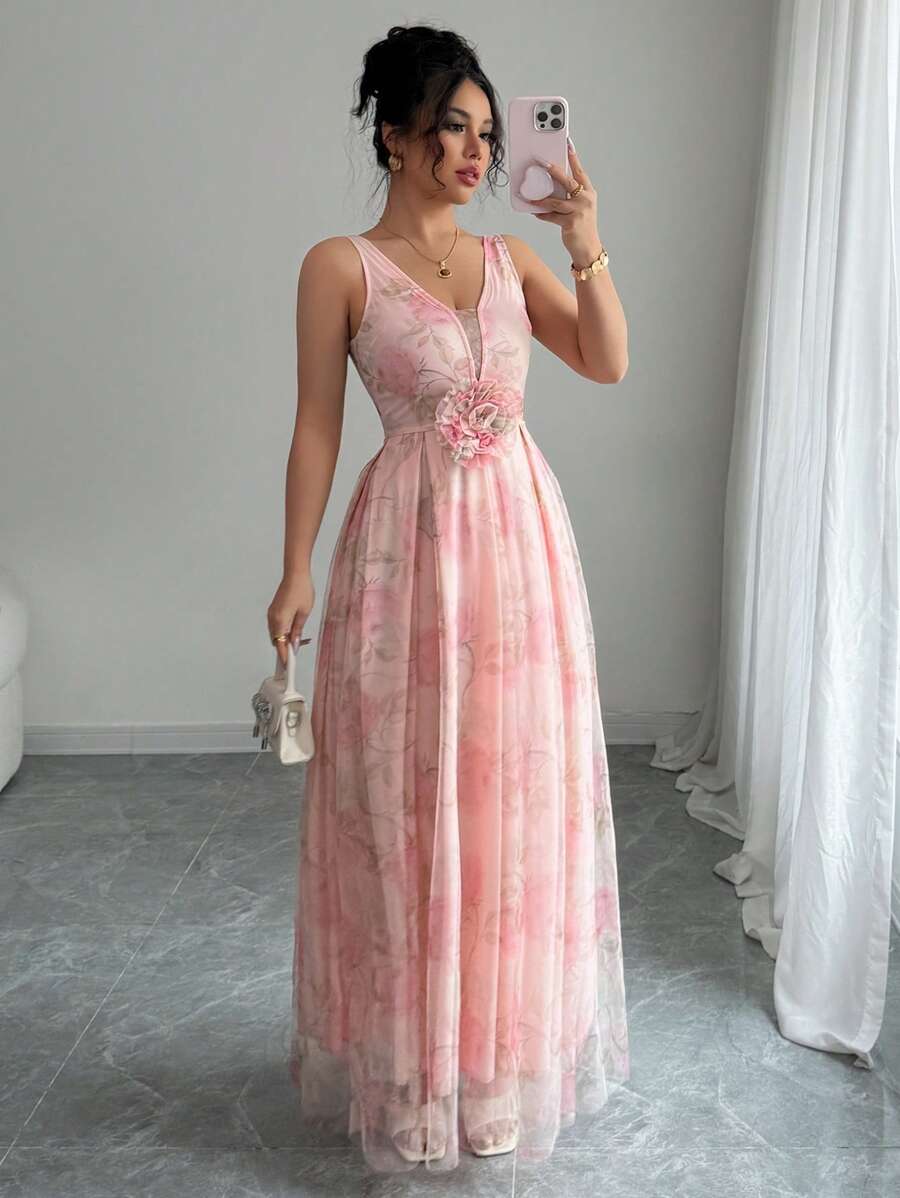 Elenzga Elegant Floral V-Neck Sleeveless Net Mesh Cinched Waist A-Line Dress, Graduation/Derby Racing/Cocktail Party Occasion, Spring, Romantic & Graceful - Multicolor - View 1