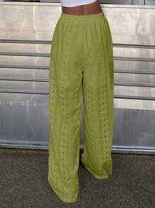 Livesso Women Vacation Batik Embroidered Elastic Waist Casual Pants - Olive Green - View 4