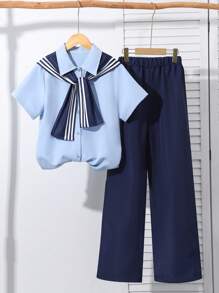 Teen Girls' Vacation Casual Style Pink Collar Short Sleeve Shirt + Straight Leg Pants - Black and White - View 1