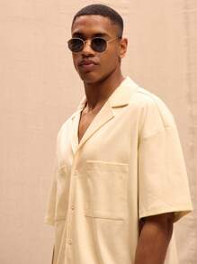 Musero 实用口袋针织翻领口袋纽扣短袖衬衫春夏度假风 - 卡其色 - 查看 5