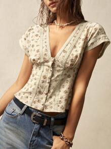 Bohemela Bohemela Women's Short Sleeve Floral Lace Patchwork Vacation Style Slim-Fit Blouse,Sleeveless Tops