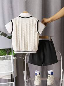 SHEIN Young Boy Casual Letter Applique Contrast Trim Vest + Solid Color Shirt + Shorts 3pcs/Set