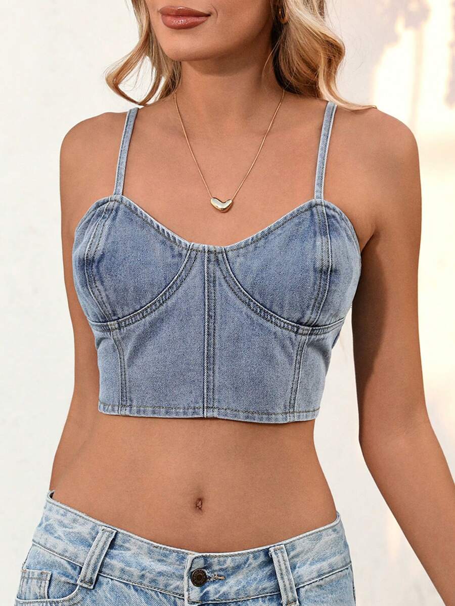 SHEIN Essnce 女士时尚无袖短款牛仔上衣 - 淺色水洗藍 - 查看 1