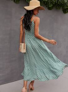 Breezaya Vestido de lunares con botones y cintura con cordón, vestido maxi de vacaciones estilo playa para mujer - Verde - Ver 2