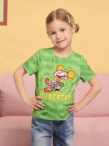 Dexter's Laboratory X SHEIN Young Girl Tie-Dye Cartoon Deedee Print Multicolor T-Shirt Set - Multicolor - View 6