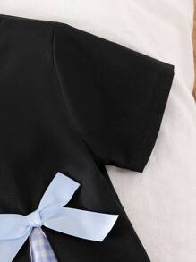 女童拼接格子短袖圆领蓝色蝴蝶结休闲连衣裙，夏季