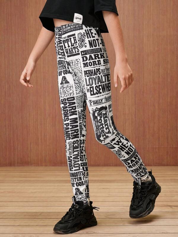 HARRY POTTER X SHEIN Tween Girl Ziare alb-negru cu imprimeu Leggings skinny
