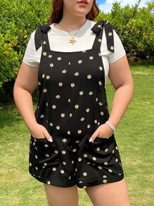 SHEIN EZwear Plus Size Women's Summer Casual Daisy Print Romper - Multicolor - View 3