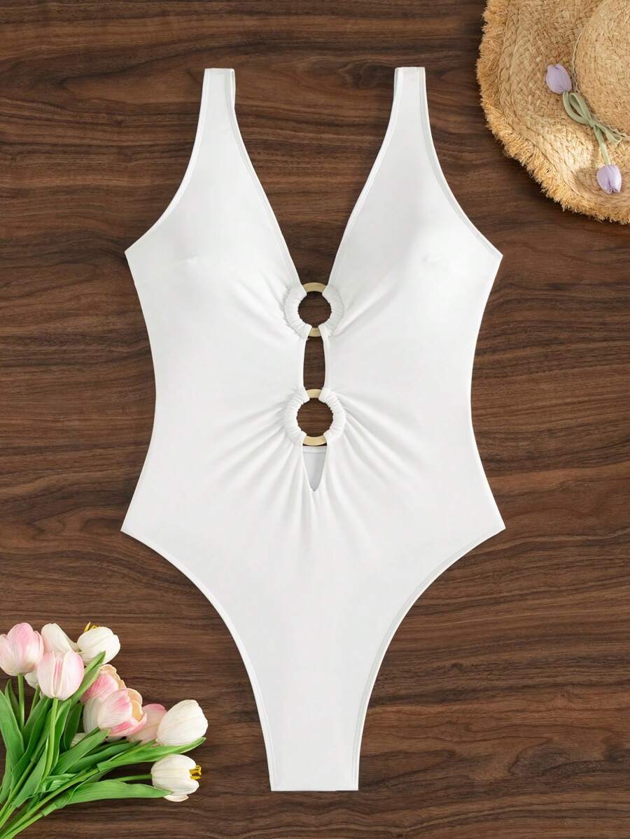 SHEIN Swim 女式春假露背吊带连体泳衣,带圆形金属装饰,深 V 领系带腰部节日波西米亚风海滩装 - 白色 - 查看 1