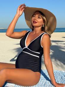 SHEIN Maternity Two-Tone Trim Deep V-Neck Backless One-Piece Swimsuit For Summer Beach Vacation