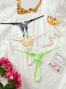 SHEIN 3pcs/Pack Plus Size Women Embroidered Butterfly Open-Crotch Pearl Sexy Panties