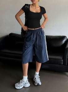 DAZY Top de mujer de ajuste ceñido, de cuello cuadrado y mangas cortas, sexy, de verano, top corto para mujeres
