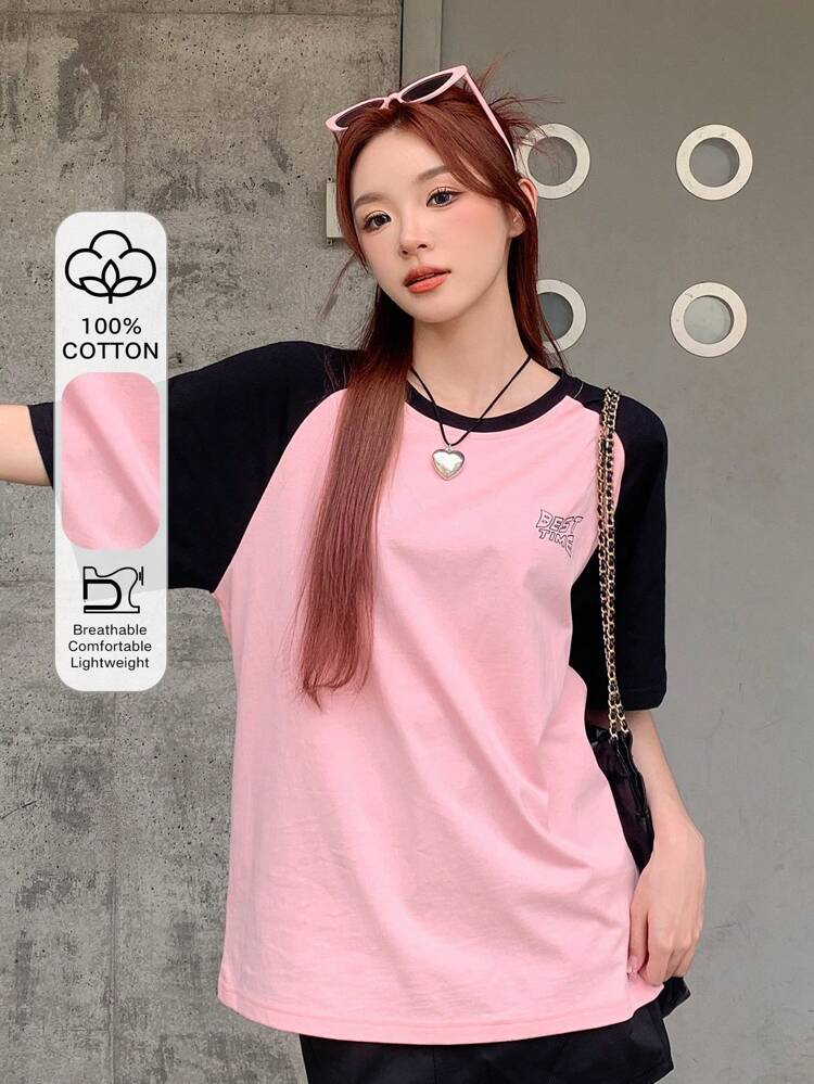 Contrast Raglan Sleeve Letter Graphic Tee