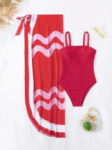 SHEIN Swim 2pcs Elegant Ladies' Swimsuit Set, Wave Print Swimdress & Mesh Print Cover-Up Long Skirt Beach Vacation Swimwear For Summer - Multicolor - View 5