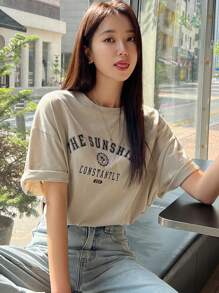 DAZY 字母图案落肩 T 恤 夏季 - 卡其色 - 查看 5